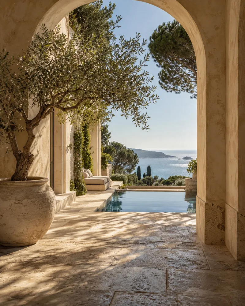Illustrative Mediterranean courtyard with an olive tree and a view of the sea