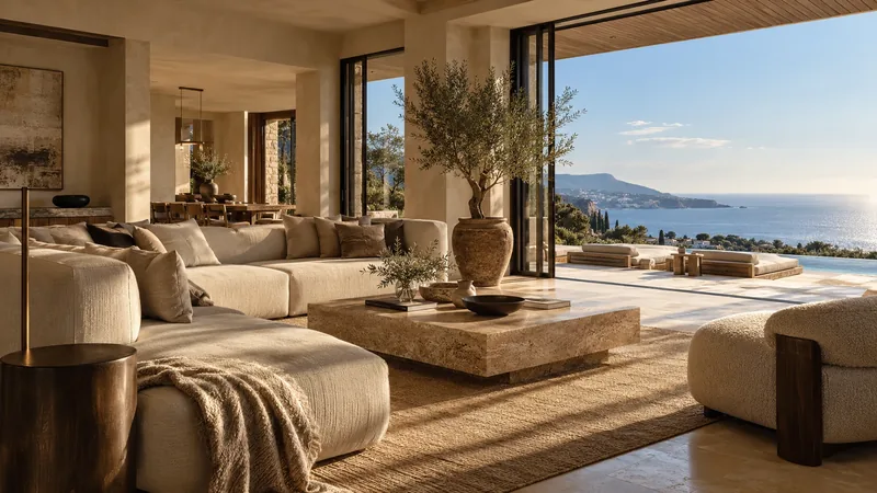 Illustrative contemporary interior opening onto the Mediterranean